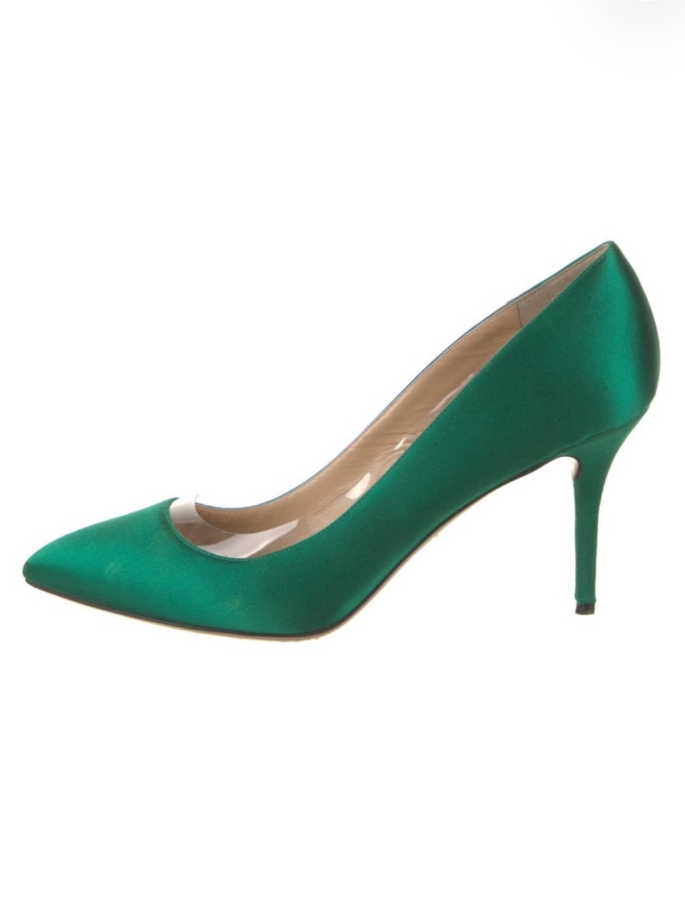 Charlotte Olympia Green Satin Pointed Pump with Stiletto Heel